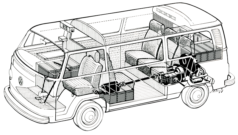 Tekening van de Volkswagen T2 Camper.